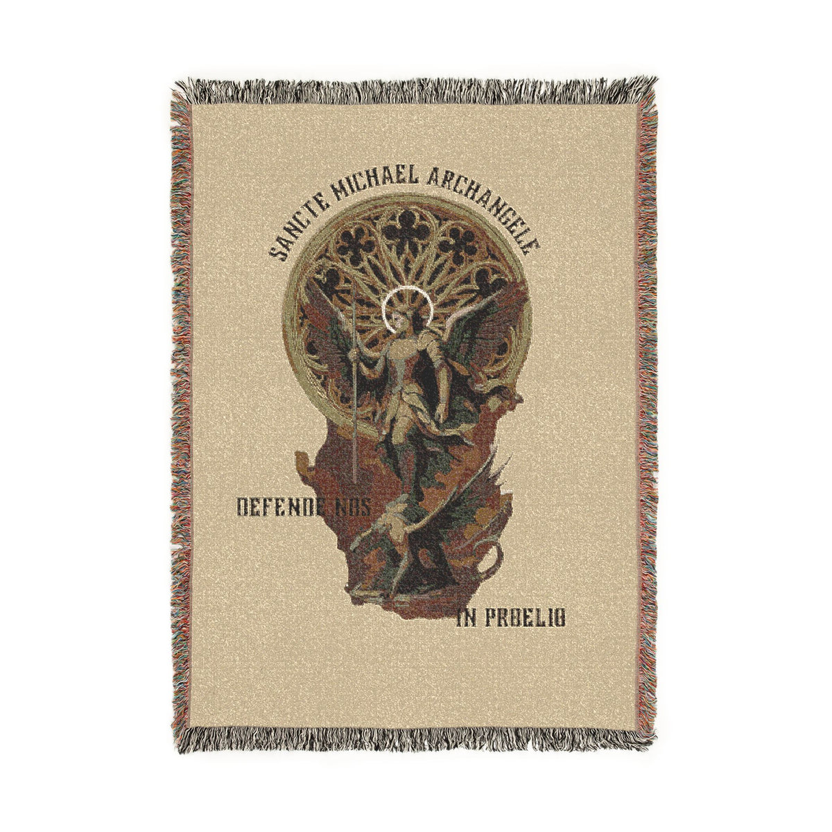 St. Michael the Archangel Woven Blanket | Catholic Throw with Gothic Rose Window